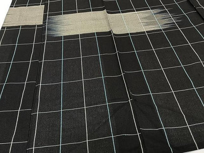 平和屋着物▽上質なお召 単衣 霞格子文 黒地 正絹 逸品 未使用 CAAU3927xi