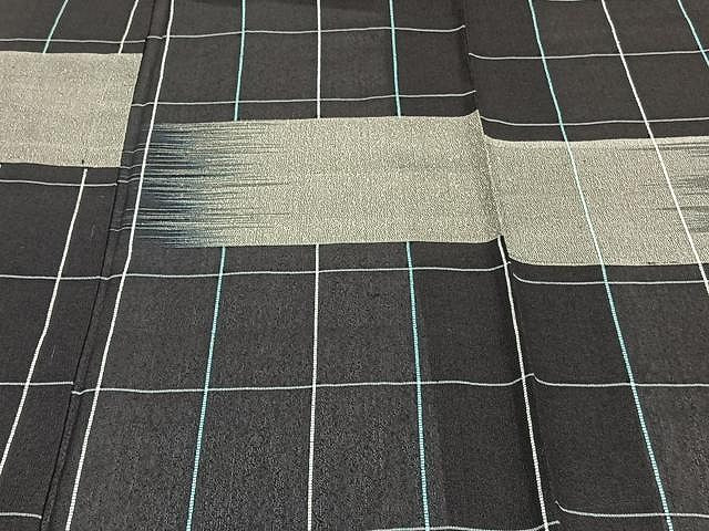 平和屋着物▽上質なお召 単衣 霞格子文 黒地 正絹 逸品 未使用 CAAU3927xi