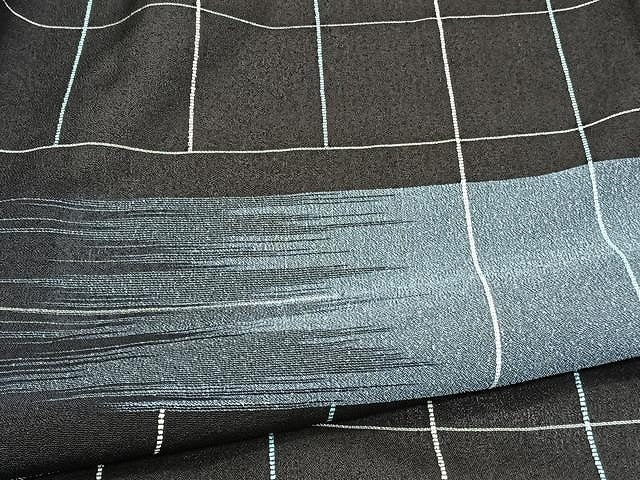 平和屋着物▽上質なお召 単衣 霞格子文 黒地 正絹 逸品 未使用 CAAU3927xi
