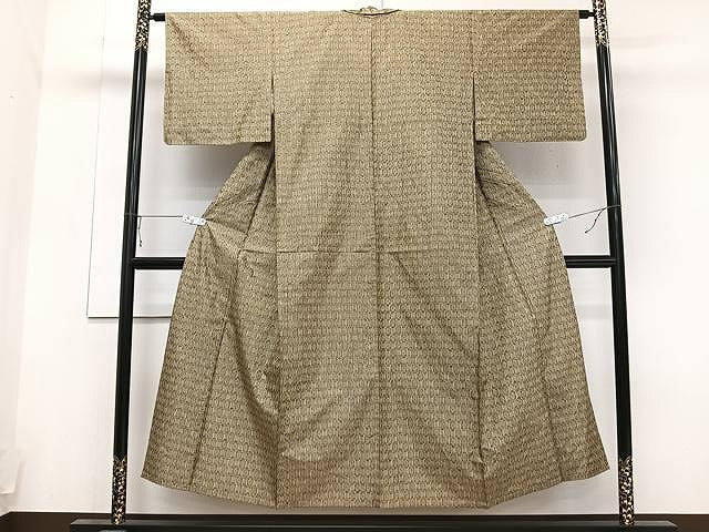平和屋着物▽上質な紬　単衣　格子花文　正絹　逸品　CAAU3934xi