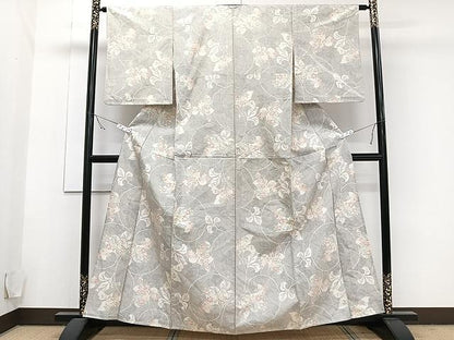 平和屋着物▽上質な紬 単衣 花唐草文 正絹 逸品 CAAU3937xi