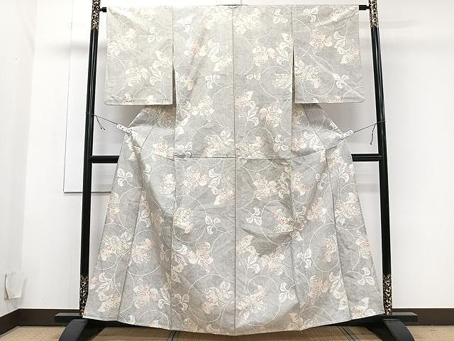 平和屋着物▽上質な紬 単衣 花唐草文 正絹 逸品 CAAU3937xi