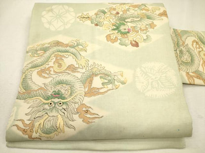 平和屋着物＊夏物 アンティーク 大正ロマン 九寸名古屋帯 駒刺繍 龍 松皮菱花鳥唐草文 銀糸 正絹 逸品 CAAU4028eg