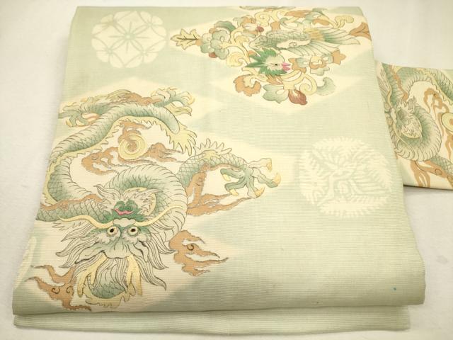 平和屋着物＊夏物 アンティーク 大正ロマン 九寸名古屋帯 駒刺繍 龍 松皮菱花鳥唐草文 銀糸 正絹 逸品 CAAU4028eg