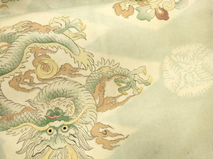 平和屋着物＊夏物 アンティーク 大正ロマン 九寸名古屋帯 駒刺繍 龍 松皮菱花鳥唐草文 銀糸 正絹 逸品 CAAU4028eg