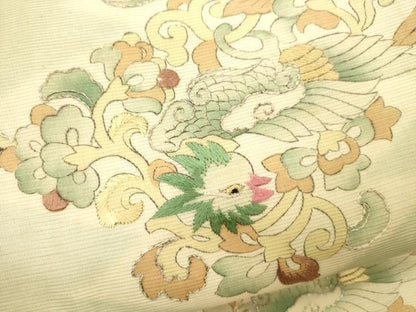 平和屋着物＊夏物 アンティーク 大正ロマン 九寸名古屋帯 駒刺繍 龍 松皮菱花鳥唐草文 銀糸 正絹 逸品 CAAU4028eg