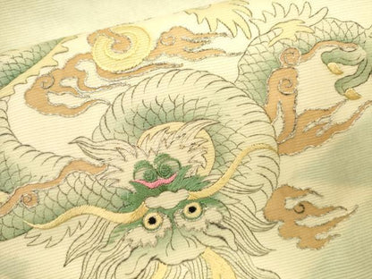 平和屋着物＊夏物 アンティーク 大正ロマン 九寸名古屋帯 駒刺繍 龍 松皮菱花鳥唐草文 銀糸 正絹 逸品 CAAU4028eg