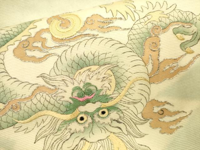 平和屋着物＊夏物 アンティーク 大正ロマン 九寸名古屋帯 駒刺繍 龍 松皮菱花鳥唐草文 銀糸 正絹 逸品 CAAU4028eg