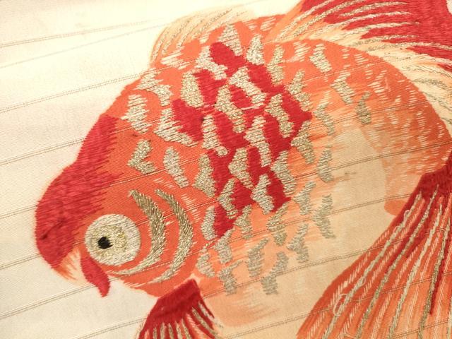 平和屋着物＊夏物 アンティーク 大正ロマン 九寸名古屋帯 刺繍 金魚 金銀糸 正絹 逸品 CAAU4031eg
