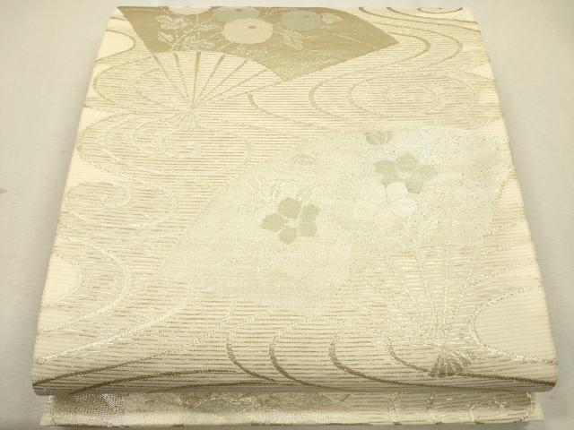 平和屋着物＊夏物 六通柄袋帯 扇面流水草花文 金糸 正絹 逸品 CAAU4064eg