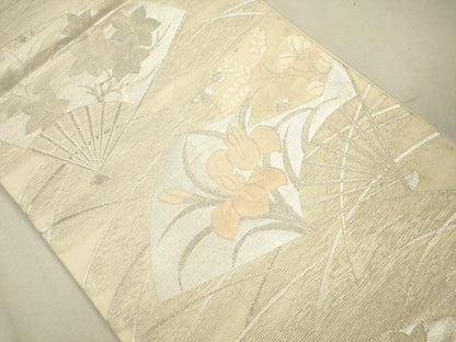 平和屋着物＊夏物　六通柄袋帯　扇面芝花文　銀糸　正絹　逸品　CAAU4135eg
