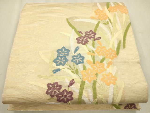 平和屋着物＊夏物 六通柄袋帯 流水草花文 金糸 正絹 逸品 CAAU4316eg