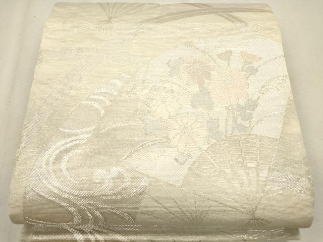 平和屋着物＊夏物 六通柄袋帯 流水扇面草花文 銀糸 正絹 逸品 CAAU4317eg