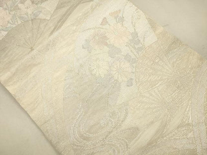 平和屋着物＊夏物 六通柄袋帯 流水扇面草花文 銀糸 正絹 逸品 CAAU4317eg