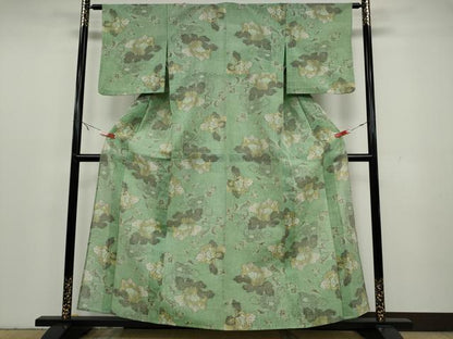 平和屋着物▽上質な紬 単衣 更紗花文 正絹 逸品 CAAU4664ut