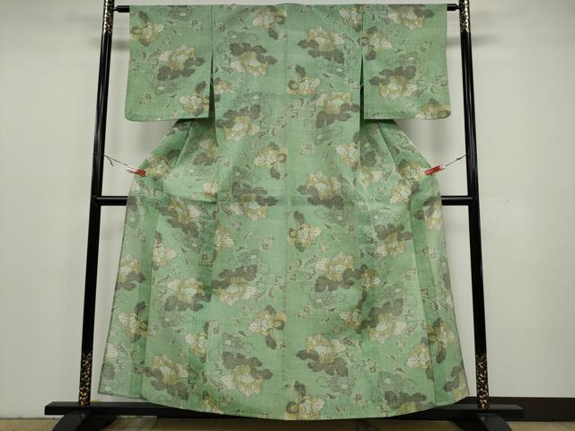平和屋着物▽上質な紬 単衣 更紗花文 正絹 逸品 CAAU4664ut