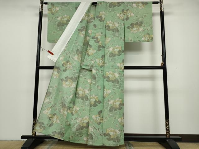 平和屋着物▽上質な紬 単衣 更紗花文 正絹 逸品 CAAU4664ut