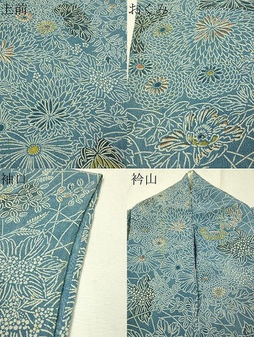 平和屋着物▽上質な小紋　単衣　本藍　型絵染　菊花文　鬼しぼ縮緬　正絹　逸品　CAAU5228vp
