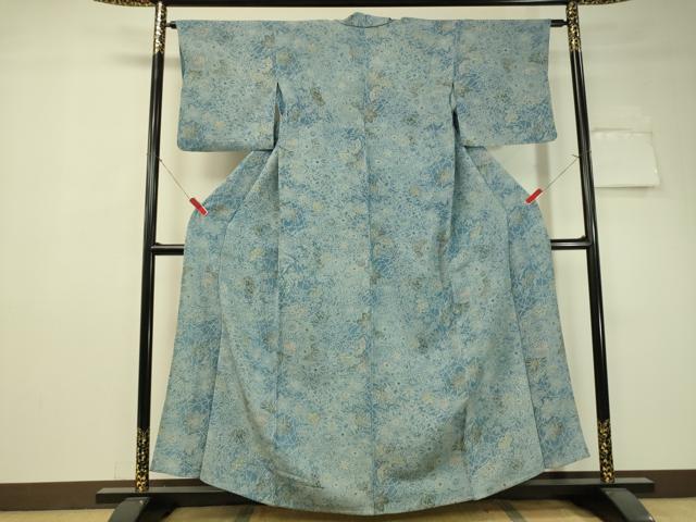 平和屋着物▽上質な小紋　単衣　本藍　型絵染　菊花文　鬼しぼ縮緬　正絹　逸品　CAAU5228vp