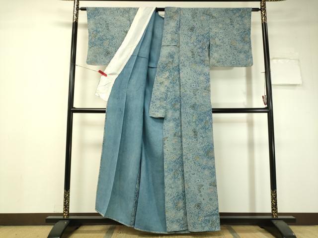 平和屋着物▽上質な小紋　単衣　本藍　型絵染　菊花文　鬼しぼ縮緬　正絹　逸品　CAAU5228vp
