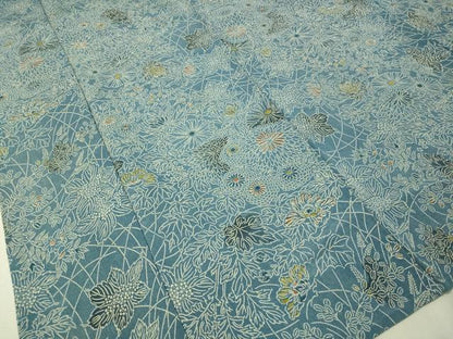 平和屋着物▽上質な小紋　単衣　本藍　型絵染　菊花文　鬼しぼ縮緬　正絹　逸品　CAAU5228vp