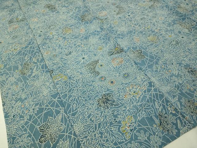 平和屋着物▽上質な小紋　単衣　本藍　型絵染　菊花文　鬼しぼ縮緬　正絹　逸品　CAAU5228vp