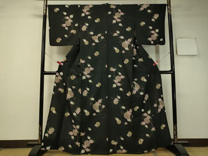 平和屋着物▽小紋 単衣 花毬文 黒地 洗える着物 未使用 CAAU5377vp