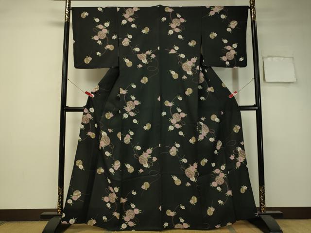 平和屋着物▽小紋 単衣 花毬文 黒地 洗える着物 未使用 CAAU5377vp