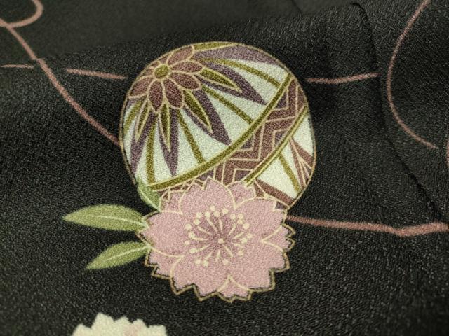 平和屋着物▽小紋 単衣 花毬文 黒地 洗える着物 未使用 CAAU5377vp