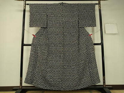 平和屋着物▽上質な小紋 単衣 型染め 丸繋ぎ 黒地 正絹 逸品 CAAU5393vp
