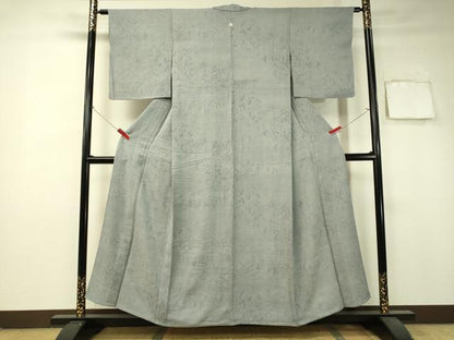 平和屋着物▽上質な色無地 単衣 草花文 灰青色 三越扱い 正絹 逸品 CAAU5399vp