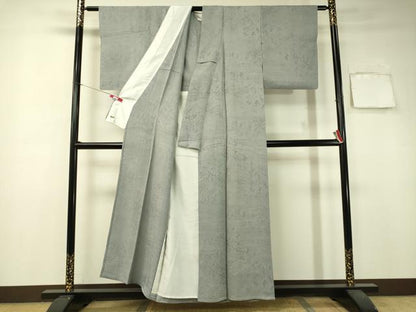 平和屋着物▽上質な色無地 単衣 草花文 灰青色 三越扱い 正絹 逸品 CAAU5399vp
