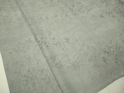 平和屋着物▽上質な色無地 単衣 草花文 灰青色 三越扱い 正絹 逸品 CAAU5399vp