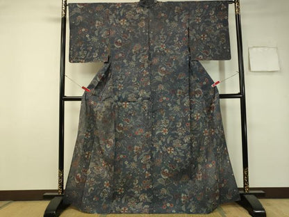 平和屋着物▽上質な小紋 単衣 紬地 型染め 更紗唐草文 正絹 逸品 CAAU5471vp