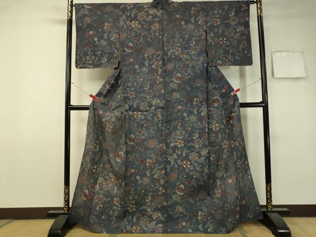 平和屋着物▽上質な小紋 単衣 紬地 型染め 更紗唐草文 正絹 逸品 CAAU5471vp