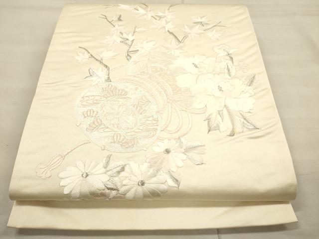 平和屋着物▼太鼓柄袋帯 総刺繍 駒刺繍 鼓 草花文 銀糸 正絹 逸品 CAAU5663ak