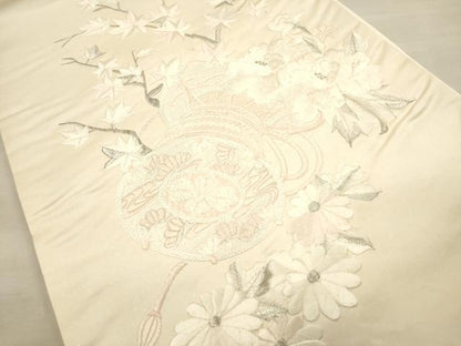 平和屋着物▼太鼓柄袋帯 総刺繍 駒刺繍 鼓 草花文 銀糸 正絹 逸品 CAAU5663ak