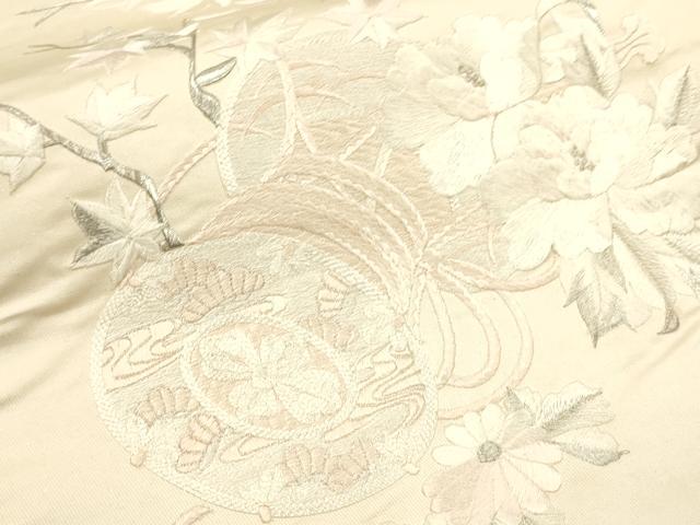 平和屋着物▼太鼓柄袋帯 総刺繍 駒刺繍 鼓 草花文 銀糸 正絹 逸品 CAAU5663ak