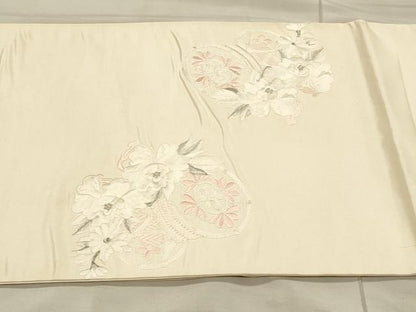 平和屋着物▼太鼓柄袋帯 総刺繍 駒刺繍 鼓 草花文 銀糸 正絹 逸品 CAAU5663ak
