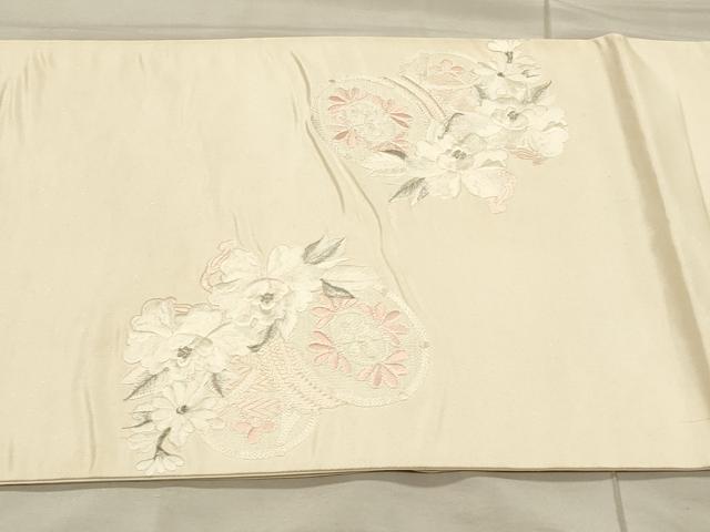 平和屋着物▼太鼓柄袋帯 総刺繍 駒刺繍 鼓 草花文 銀糸 正絹 逸品 CAAU5663ak