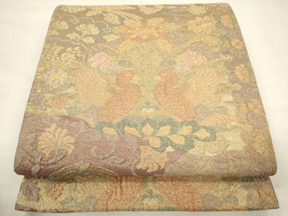 平和屋着物▼六通柄袋帯 ふくれ織 花鳥文 金糸 正絹 逸品 CAAU5842ak