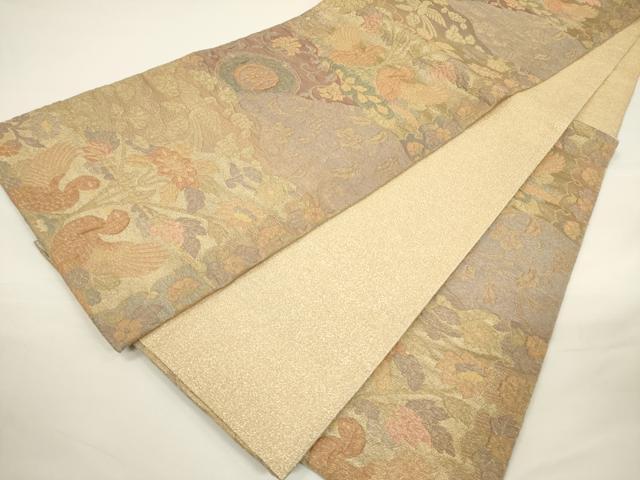 平和屋着物▼六通柄袋帯 ふくれ織 花鳥文 金糸 正絹 逸品 CAAU5842ak