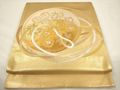 平和屋着物▼太鼓柄袋帯 総刺繍 駒刺繍 鏡裏紐文 金糸 引箔 正絹 逸品 CAAU5845ak