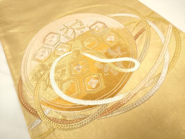 平和屋着物▼太鼓柄袋帯 総刺繍 駒刺繍 鏡裏紐文 金糸 引箔 正絹 逸品 CAAU5845ak