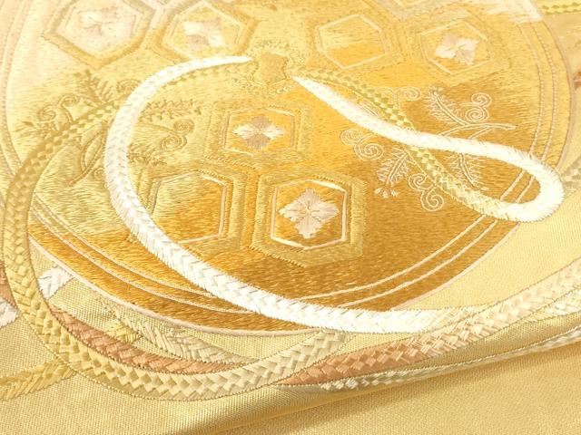 平和屋着物▼太鼓柄袋帯 総刺繍 駒刺繍 鏡裏紐文 金糸 引箔 正絹 逸品 CAAU5845ak