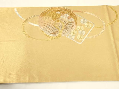 平和屋着物▼太鼓柄袋帯 総刺繍 駒刺繍 鏡裏紐文 金糸 引箔 正絹 逸品 CAAU5845ak