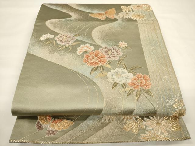 平和屋着物▼両面　六通柄袋帯　唐織　花浪漫　銀通し地　正絹　逸品　CAAU5877ak