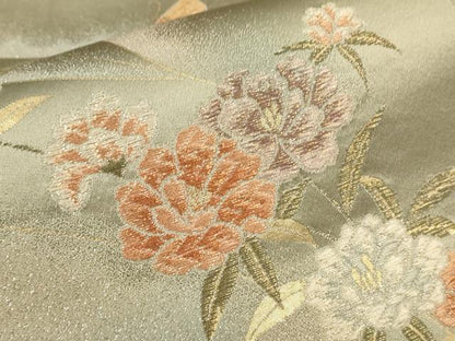 平和屋着物▼両面　六通柄袋帯　唐織　花浪漫　銀通し地　正絹　逸品　CAAU5877ak