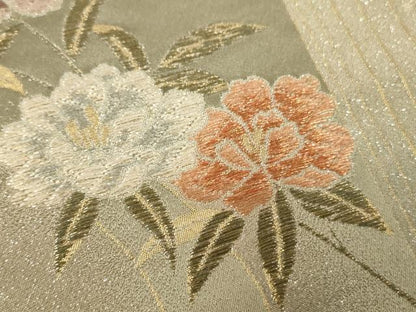平和屋着物▼両面　六通柄袋帯　唐織　花浪漫　銀通し地　正絹　逸品　CAAU5877ak