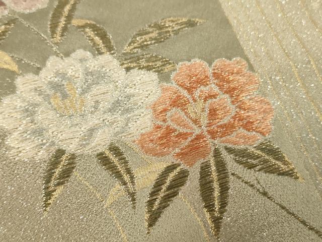 平和屋着物▼両面　六通柄袋帯　唐織　花浪漫　銀通し地　正絹　逸品　CAAU5877ak
